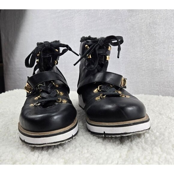 Ankle Boots Urban Hiking Black Lace-Up ARI Justfab Faux Shearling Gold Tone Buck - Picture 9 of 15